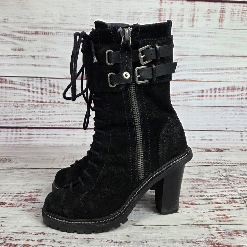 True Religion Helo Boots Victorian Lace Up Black Suede 7 Zip Moto Steampunk Edgy